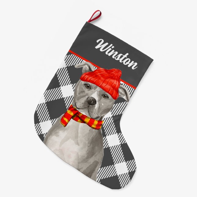 Plaid with a Grey Pit Bull and Dog's Name Large Ch Christmas Stocking (Front (Hanging))