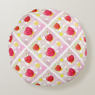 Plaid with Pink Cherries Round Pillow