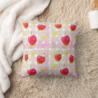 Plaid with Pink Cherries Throw Pillow