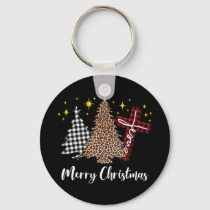Plaid Xmas Tree Christian Cross Jesus Merry Christ Keychain