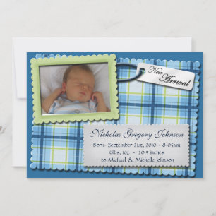 Plaidly Perfect Blue & Green Birth Announcements