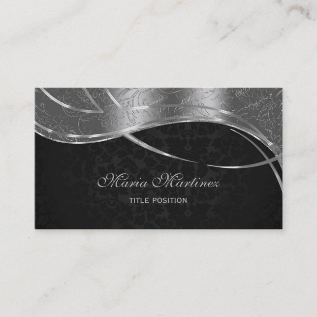 Plain Black And Silver Damask Business Card (Front)