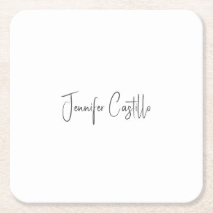 Plain Black White Minimalist Calligraphy Square Paper Coaster