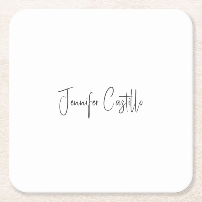 Plain Black White Minimalist Calligraphy Square Paper Coaster (Front)