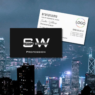 Plain Black White Modern with Monogram and Logo Business Card