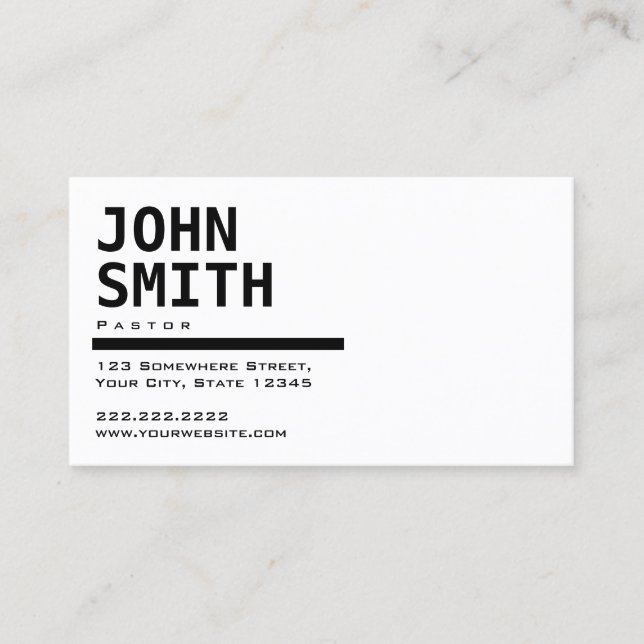 Plain Black & White Pastor Professional Business Card (Front)