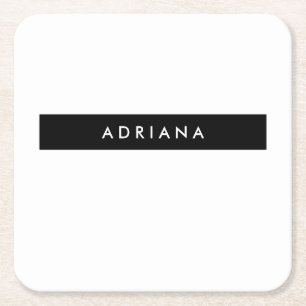 Plain Black White Professional Minimalist Name Square Paper Coaster