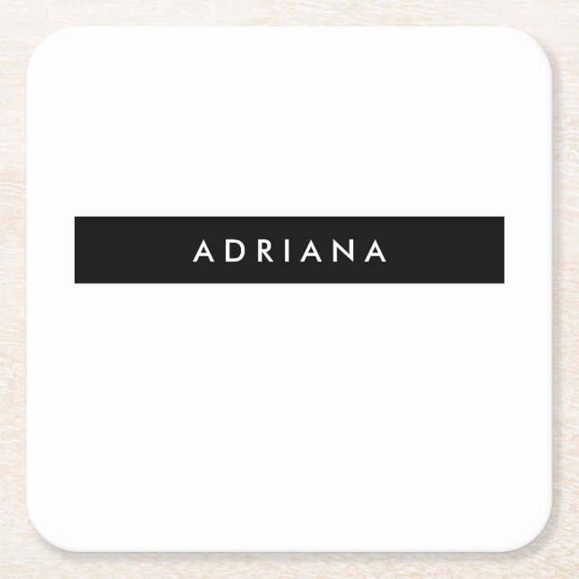 Plain Black White Professional Minimalist Name Square Paper Coaster (Front)