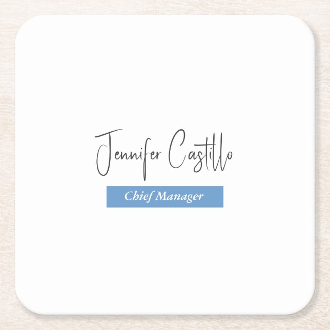 Plain Blue Black White Minimalist Calligraphy Square Paper Coaster (Front)