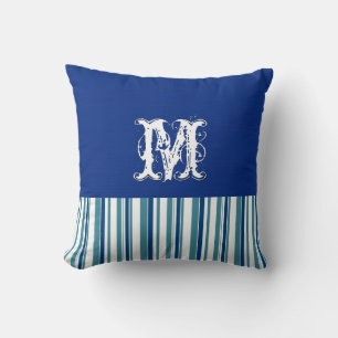 Plain Dark Blue Background. Monogram Retro Stripes Throw Pillow