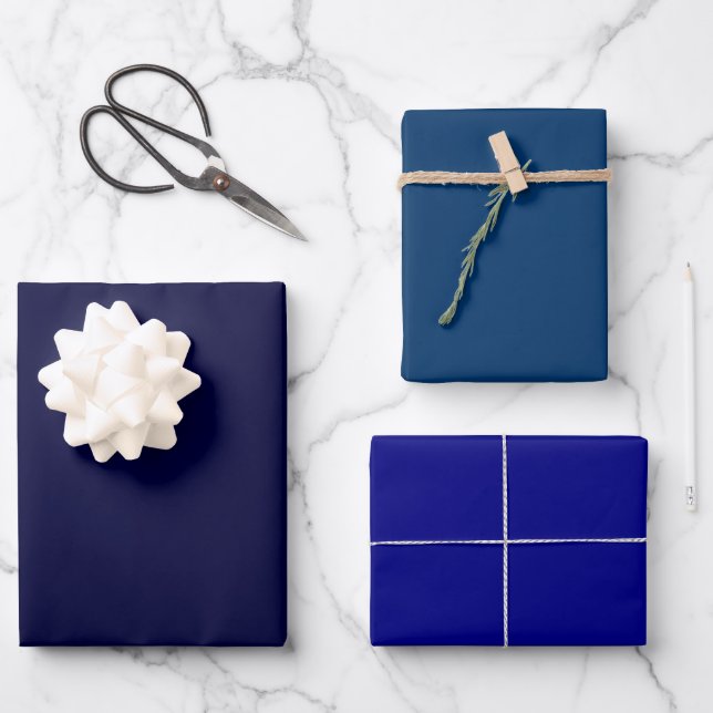Plain Dark Midnight Navy Blue Shades 3 Tones Wrapping Paper Sheet (Front)