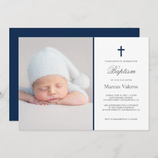 Plain Elegant Cross Photo Navy Baptism Invitation