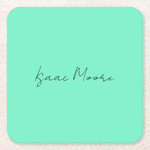 Plain Elegant Green Blue Script Calligraphy Name Square Paper Coaster