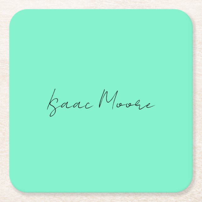 Plain Elegant Green Blue Script Calligraphy Name Square Paper Coaster (Front)