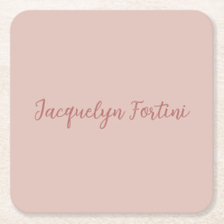 Plain Elegant Rose Gold Calligraphy Script Name Square Paper Coaster