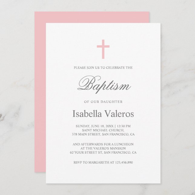 Plain Elegant Simple Pink Cross Baptism Invitation (Front/Back)