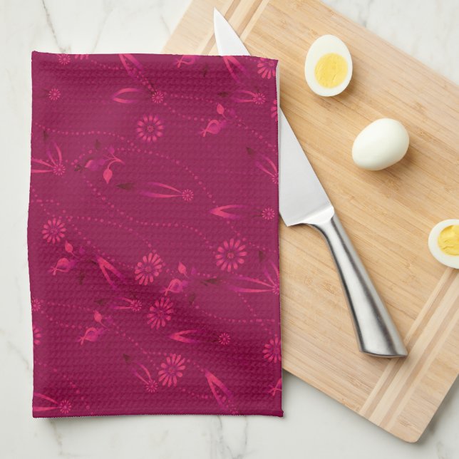 Plain floral pattern retro red kitchen towel (Quarter Fold)