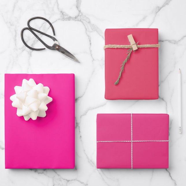 Plain Fluorescent Paradise Pink Shades 3 Tones Wrapping Paper Sheet (Front)