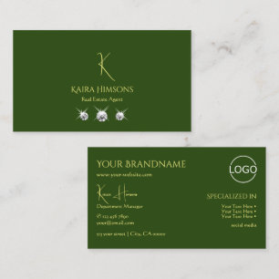Plain Forest Green with Monogram Logo and Jewels Business Card