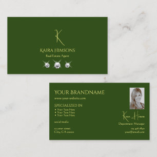 Plain Forest Green with Monogram Photo and Jewels Business Card
