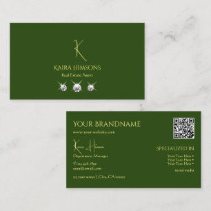 Plain Forest Green with Monogram QRCode and Jewels Business Card