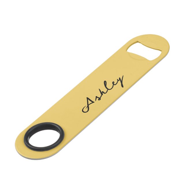 Plain gold script personalized bar key (Front Angled)