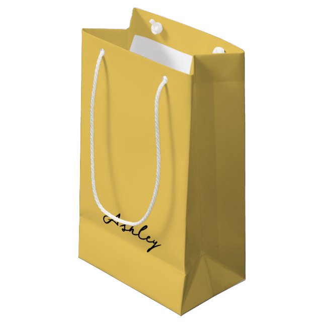Plain gold script personalized small gift bag (Front Angled)