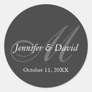 Plain Grey Monogram Wedding Bride Groom Names Classic Round Sticker