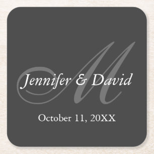 Plain Grey Monogram Wedding Bride Groom Names Square Paper Coaster