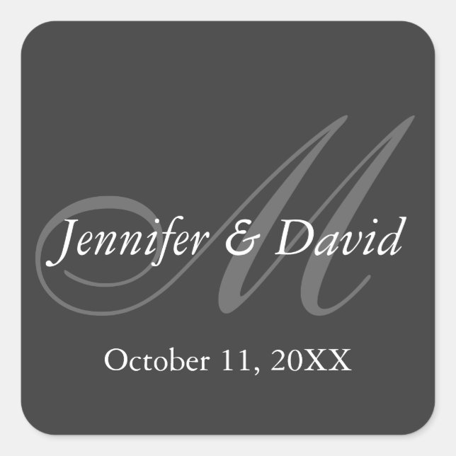 Plain Grey Monogram Wedding Bride Groom Names Square Sticker (Front)