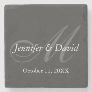 Plain Grey Monogram Wedding Bride Groom Names Stone Coaster