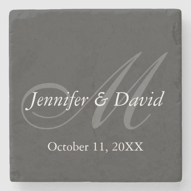 Plain Grey Monogram Wedding Bride Groom Names Stone Coaster (Front)