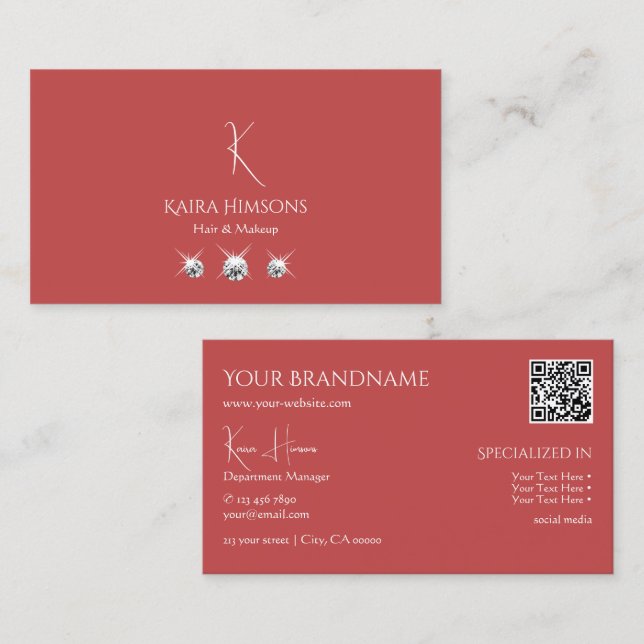 Plain Indian Red with Monogram QR-Code and Jewels Business Card (Front/Back)