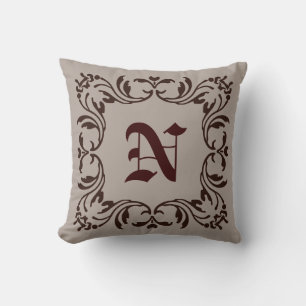 Plain light grey background Damask Monogram Throw Pillow