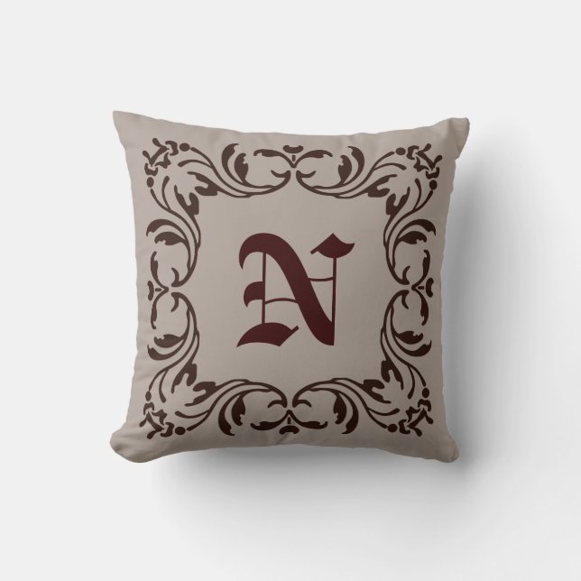 Plain light grey background | Damask Monogram Throw Pillow (Front)