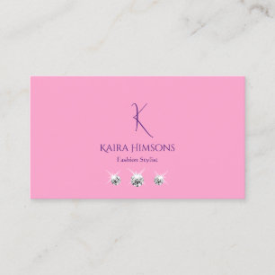 Plain Light Pink with Monogram and Jewels Stylish Business Card