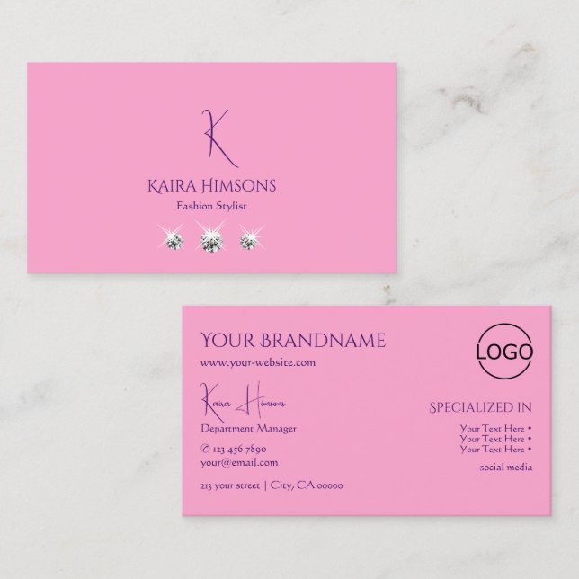 Plain Light Pink with Monogram Logo and Jewels Business Card (Front/Back)