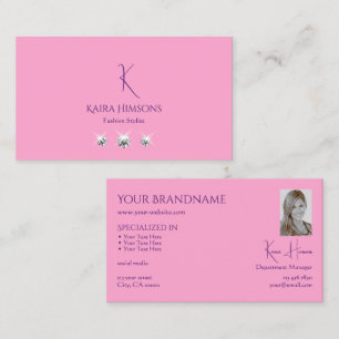Plain Light Pink with Monogram Photo and Jewels Business Card