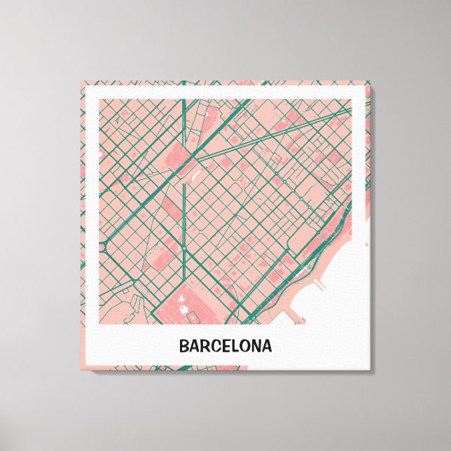 Plain map of Barcelona - Rosa-verde Canvas Print (Front)