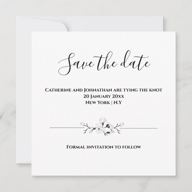 Plain minimalist black white save the date floral  invitation (Front)
