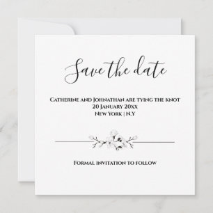 Plain minimalist black white save the date floral  invitation