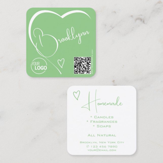 Plain Mint Green White Gorgeous Heart Logo QR Code Square Business Card (Front/Back)