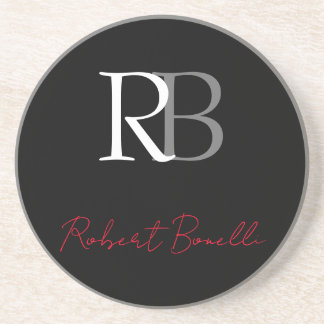 Plain Modern Black Red Monogrammed Initials Name Coaster