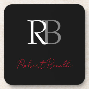 Plain Modern Black Red Monogrammed Initials Name Coaster