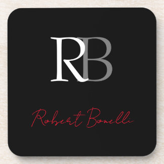 Plain Modern Black Red Monogrammed Initials Name Coaster