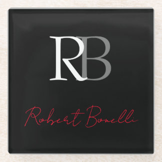 Plain Modern Black Red Monogrammed Initials Name Glass Coaster