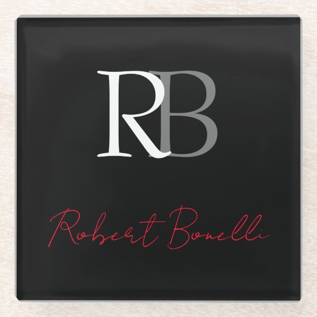 Plain Modern Black Red Monogrammed Initials Name Glass Coaster (Front)