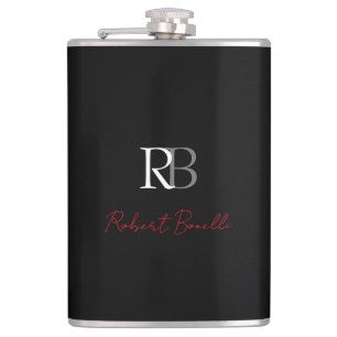 Plain Modern Black Red Monogrammed Initials Name Hip Flask