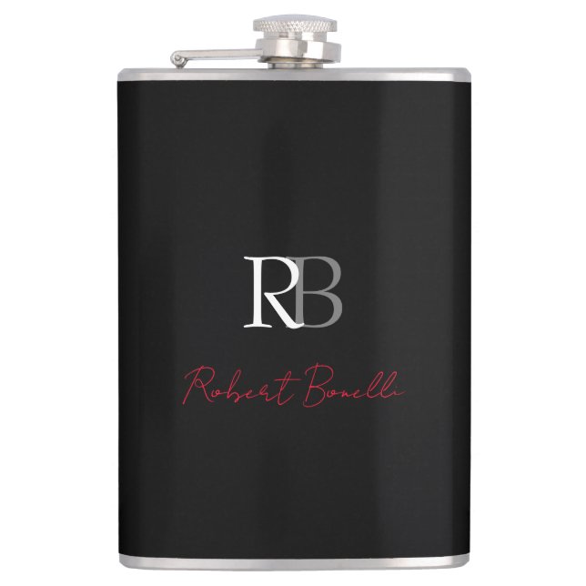 Plain Modern Black Red Monogrammed Initials Name Hip Flask (Front)