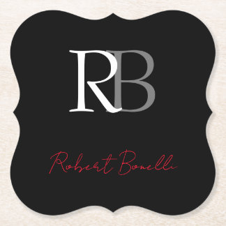 Plain Modern Black Red Monogrammed Initials Name Paper Coaster